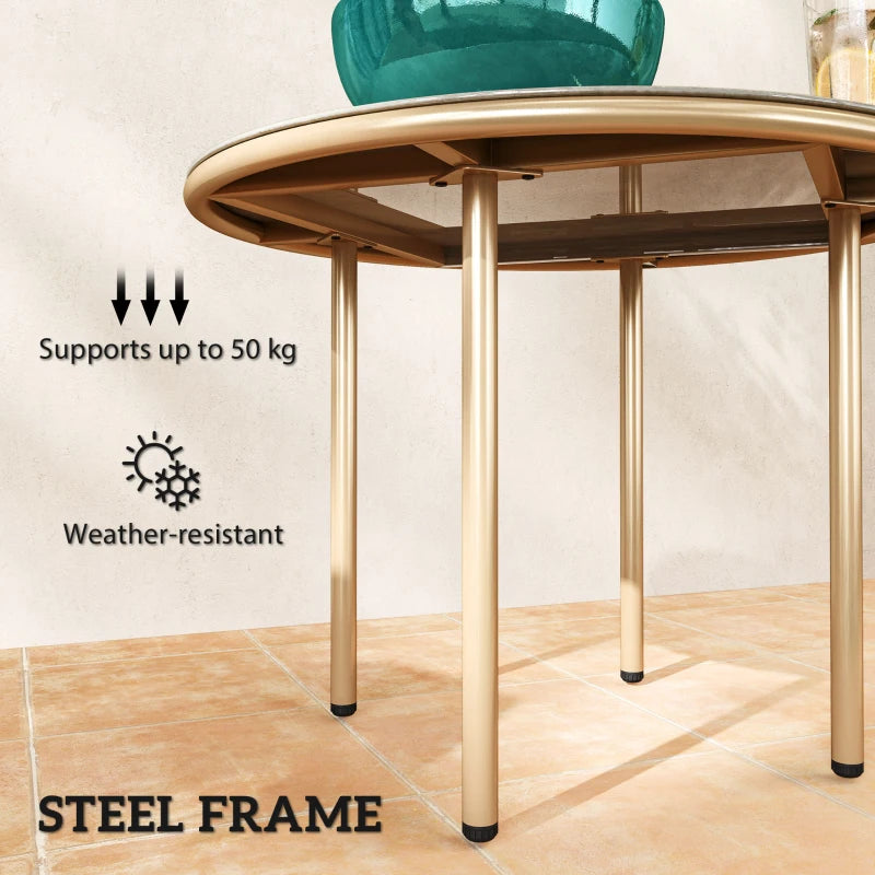 60cm Round Small Garden Table - Outdoor Side Table with Faux Marble Top, Steel Frame, Beige
