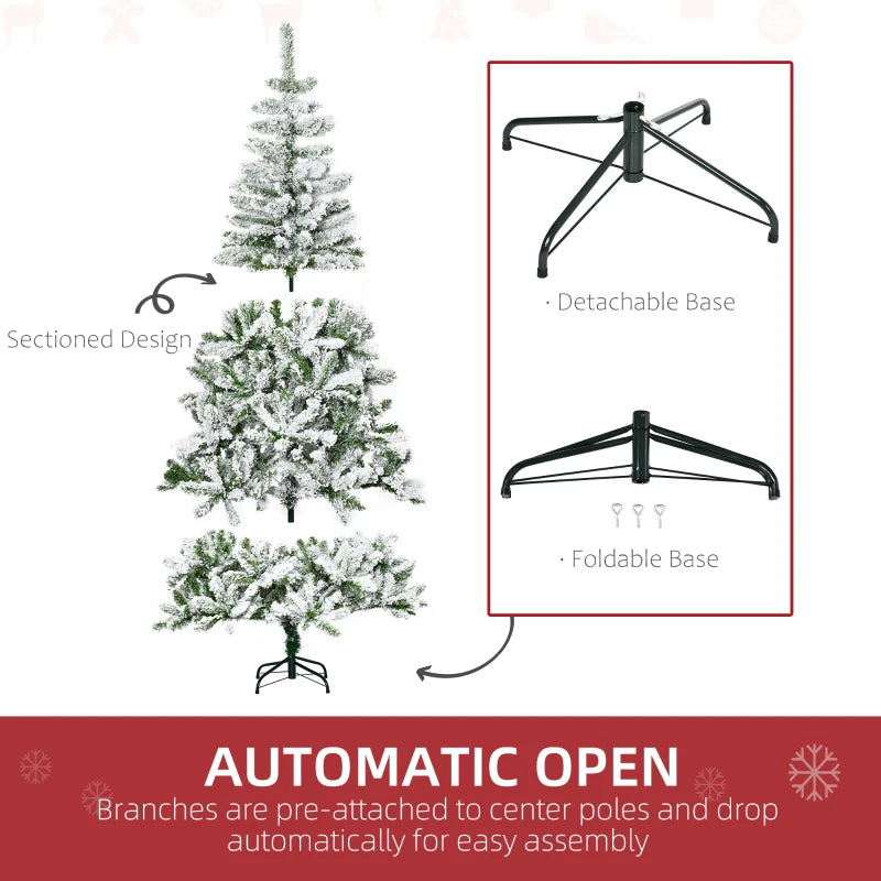 6 Ft Snow Flocked Artificial Christmas Tree - Realistic Pine with Auto Open & Steel Base - Festive Green Decor