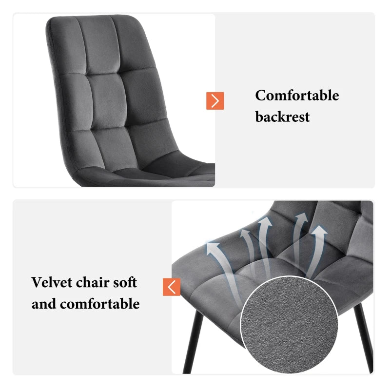 Set of 4 Ergonomic Velvet Dining Chairs with Metal Frame and High-Density Foam Padding in Grey