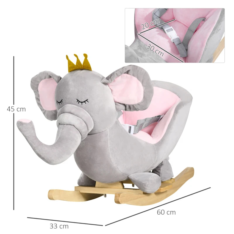 Kids Elephant Rocking Horse with Safety Belt - Wooden Base, Grey - Perfect for Ages 18-36 Months