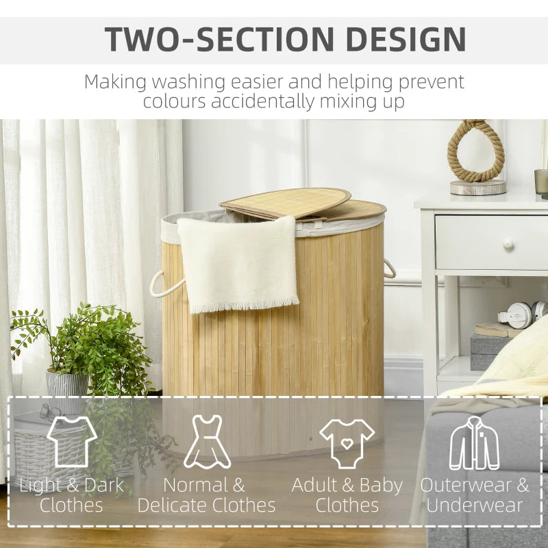 Natural Bamboo Laundry Basket with Lid - 100L Hamper, 2 Sections, Removable Washable Lining, 62.5x37x60.5cm