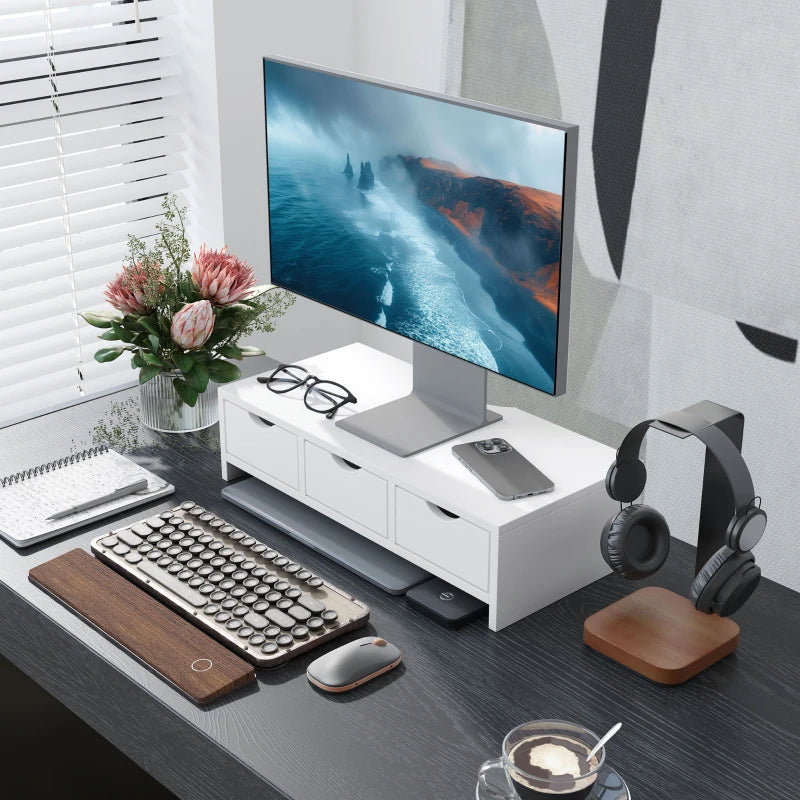 White Monitor Stand Riser with 3 Drawers - Laptop & PC Holder, 51x24x13cm, Ideal for Small Printers & Desks