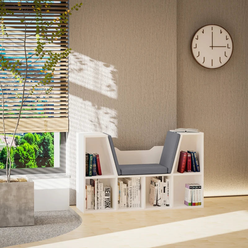 Stylish White Bookcase Storage Shelf with Cushioned Reading Seat - Cube Bookshelf Organizer for Bedroom & Living Room