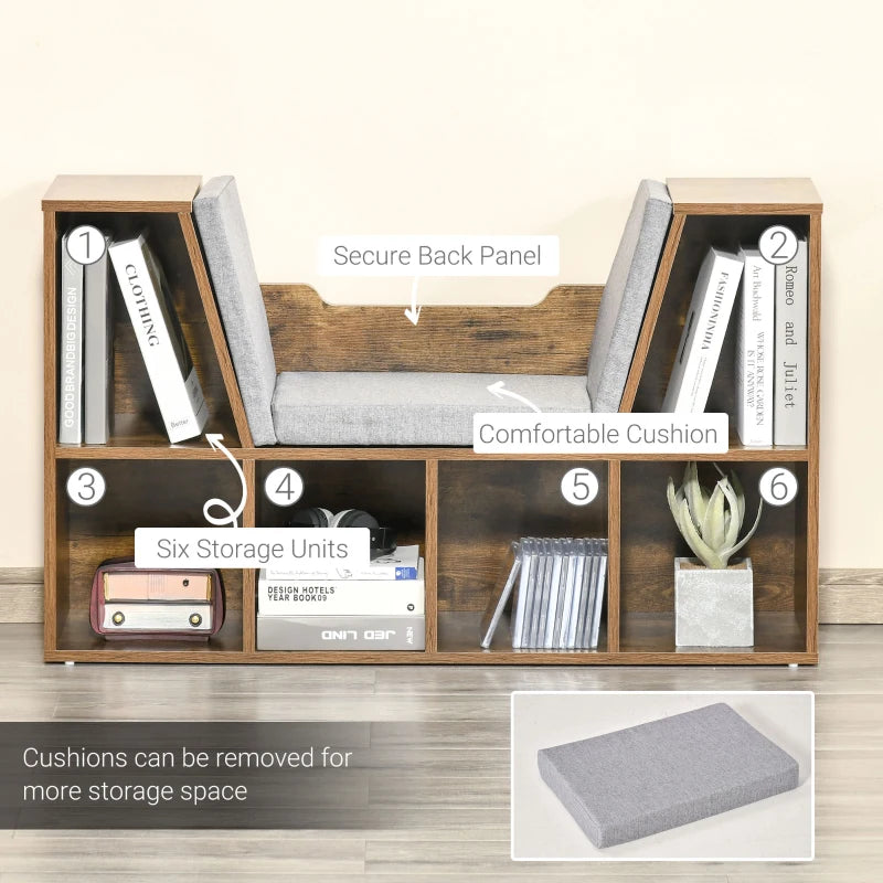 Rustic Brown Bookcase Storage Shelf with Cushioned Reading Seat - Cube Bookshelf Organizer for Bedroom & Living Room