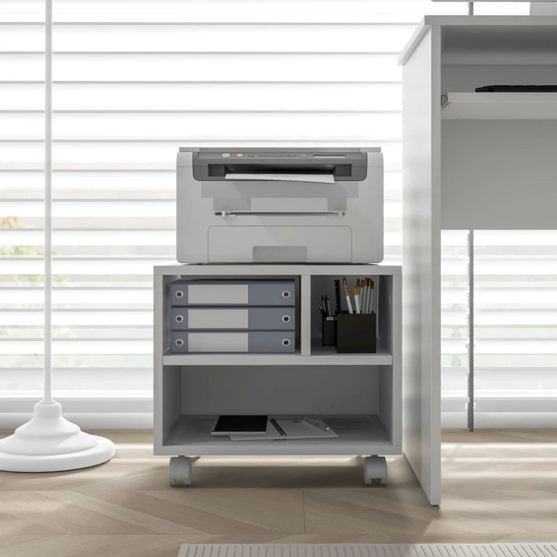 Versatile Three-Compartment Printer Cabinet on Wheels - Stylish White Storage Solution for Home Office and Workspace