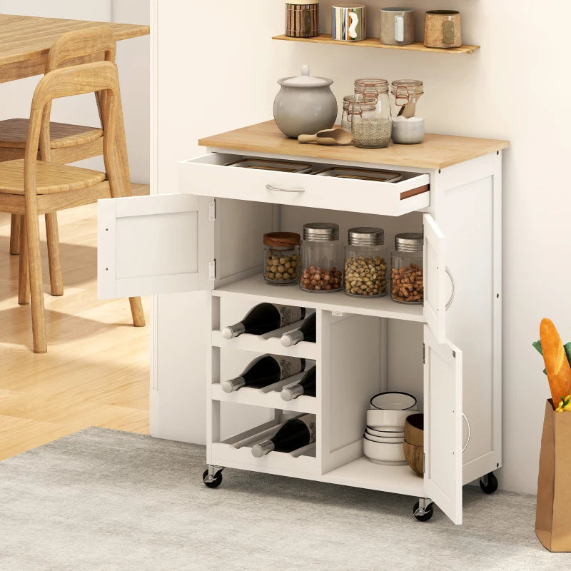 Modern Kitchen Trolley - Rolling Storage Cart with Drawer, 9-Bottle Wine Rack, Door Cabinets & Wooden Countertop in White