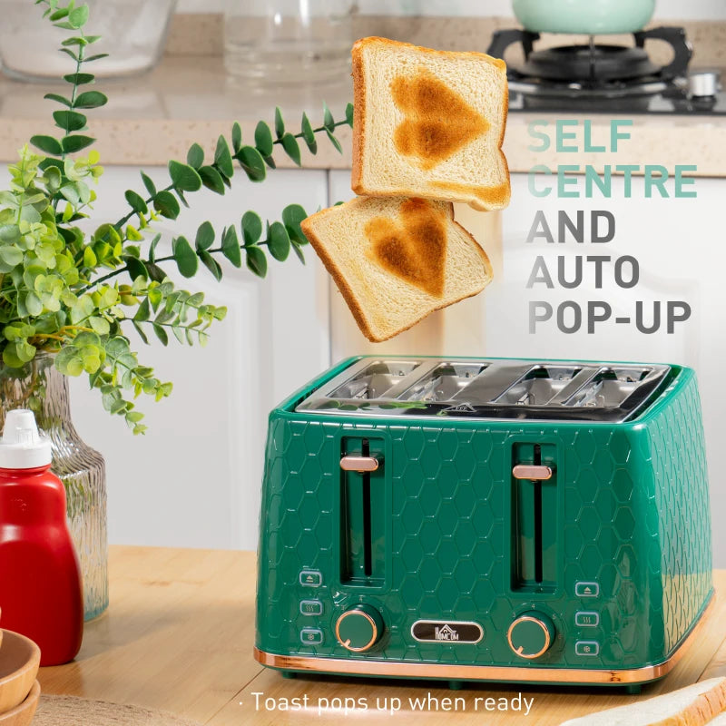 Green Kettle and Toaster Set - 1.7L Fast Boil Jug Kettle & 4 Slice Toaster with 7 Browning Levels, UK Thermostat