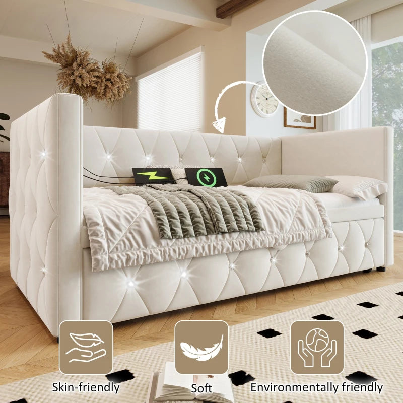 3 Seater Futon Bed with Fast Charging Ports and Removable Trundle for Overnight Guests Beige