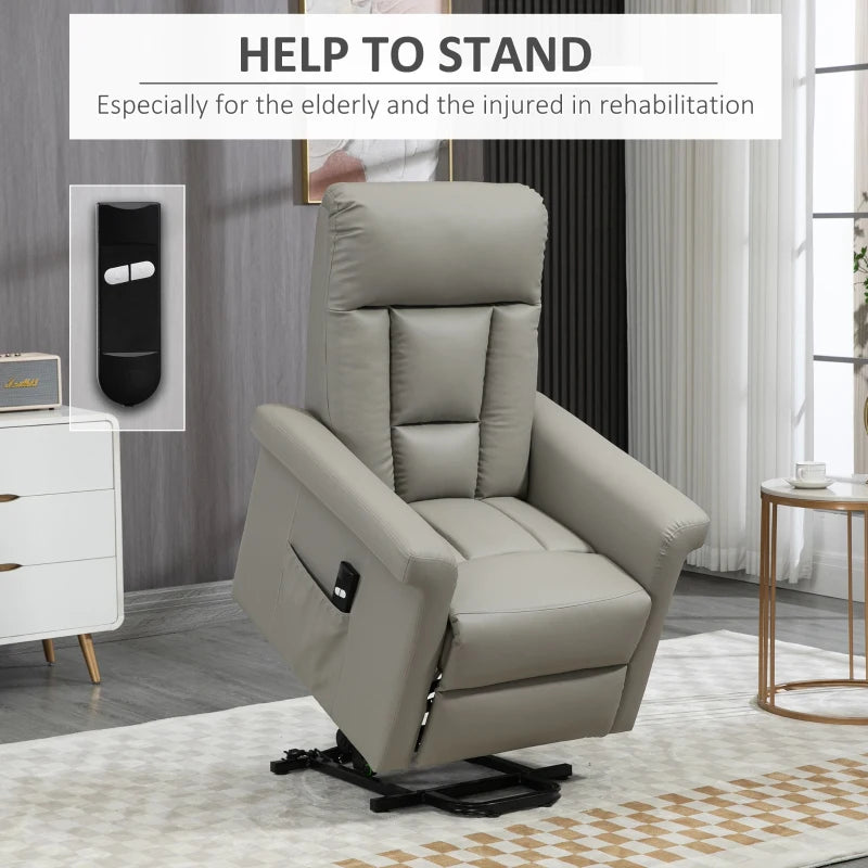 Power Lift Recliner Chair for Elderly - PU Leather Armchair with Extended Footrest, Remote Control, Side Pocket, Grey