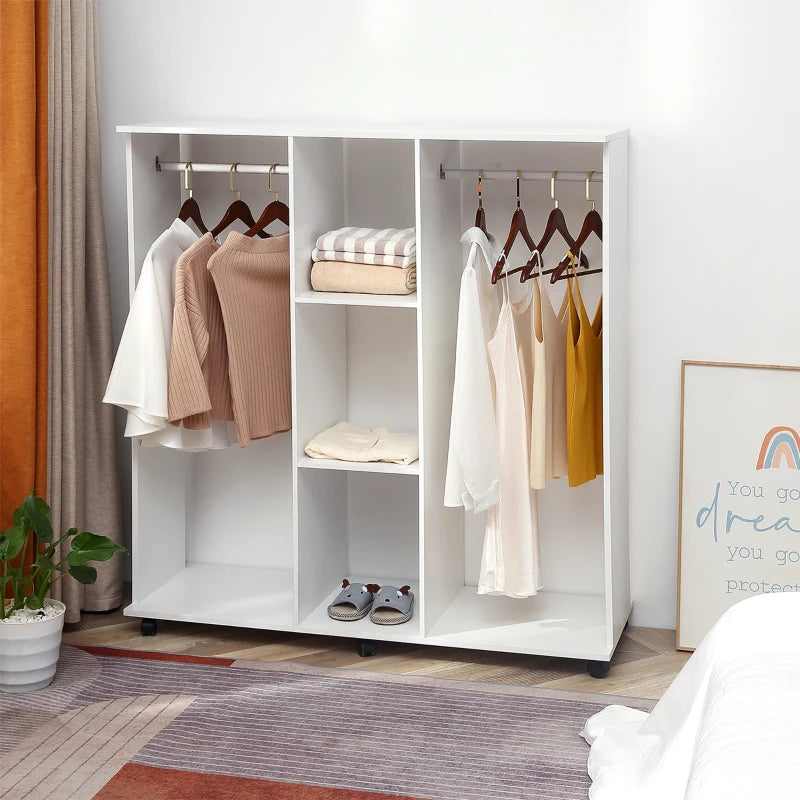 Double Mobile Open Wardrobe Storage Organizer with 6 Wheels Stylish White Design