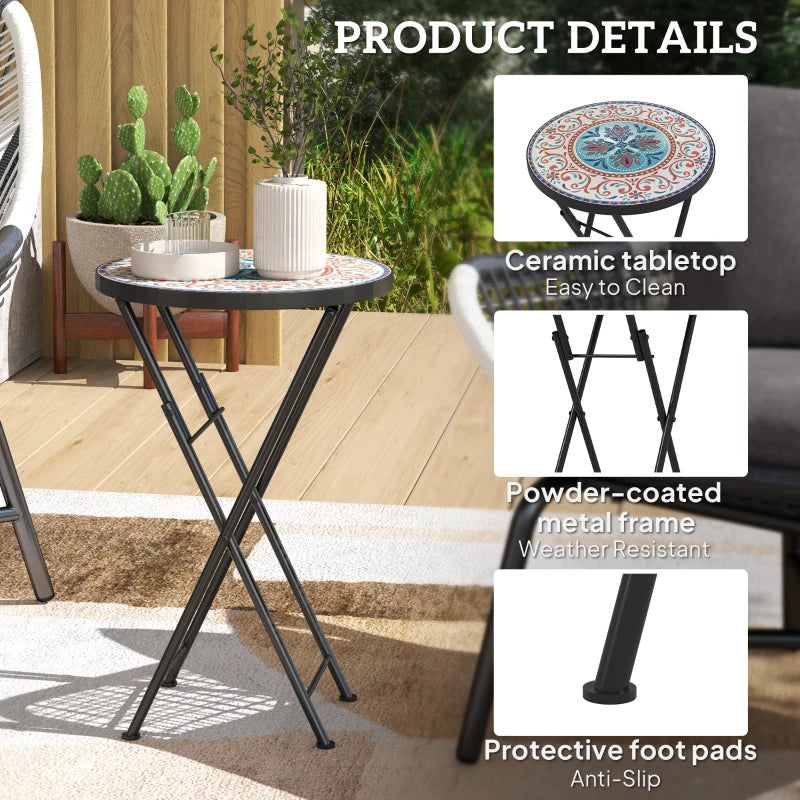 Mosaic Round Folding Garden Table, 35.5cm Metal Frame Coffee Table for Balcony, Multicolour