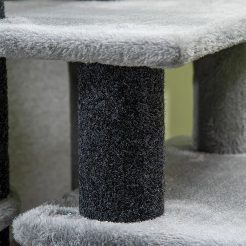Adjustable Cat Steps with House & Hanging Toy Ball - Grey | Perfect for Cats of All Sizes