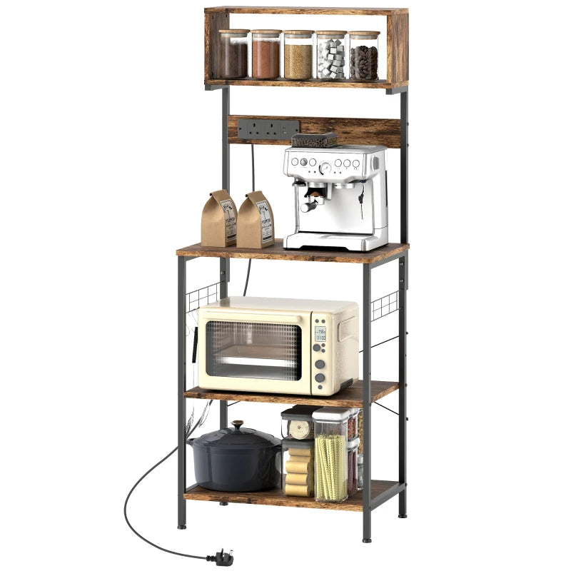 Rustic Brown Bakers Rack with Power Outlet & USB Charger - Adjustable Microwave Stand & Kitchen Storage Unit with 5 Hooks