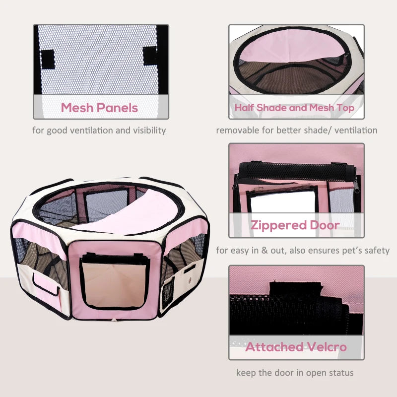 Portable Cat Dog Playpen - Indoor Outdoor Pet Pen for Puppies, Rabbits & Guinea Pigs - 90cm Dia x 41cm H - Pink
