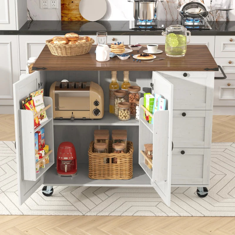 Elegant White Kitchen Island with Extendable Worktop & Smooth Wheels, Ample Storage Serving Cart, 140L x 45W x 92.5H cm