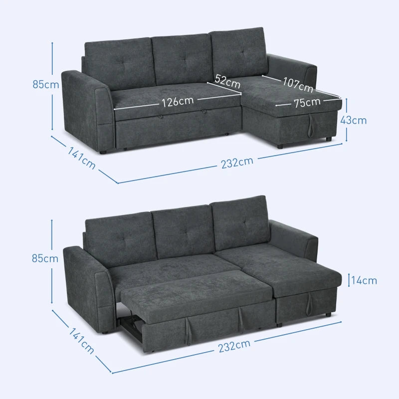 L-Shaped 3-Seater Sofa Bed with Storage – Convertible Click Clack Futon for Living Room, Dark Grey