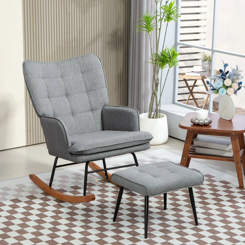 Stylish Grey Linen-Look Rocking Chair and Ottoman Set for Comfortable Relaxation