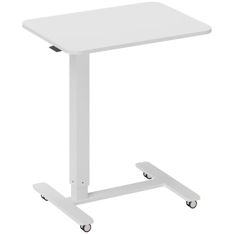Height Adjustable Pneumatic Standing Desk - Mobile Overbed Table with Wheels for Home Office & Laptop - White Finish