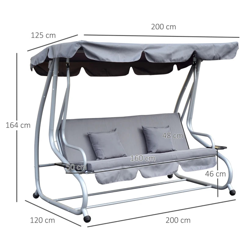 Grey 3 Seater Convertible Garden Swing Bed with Canopy and Cushions