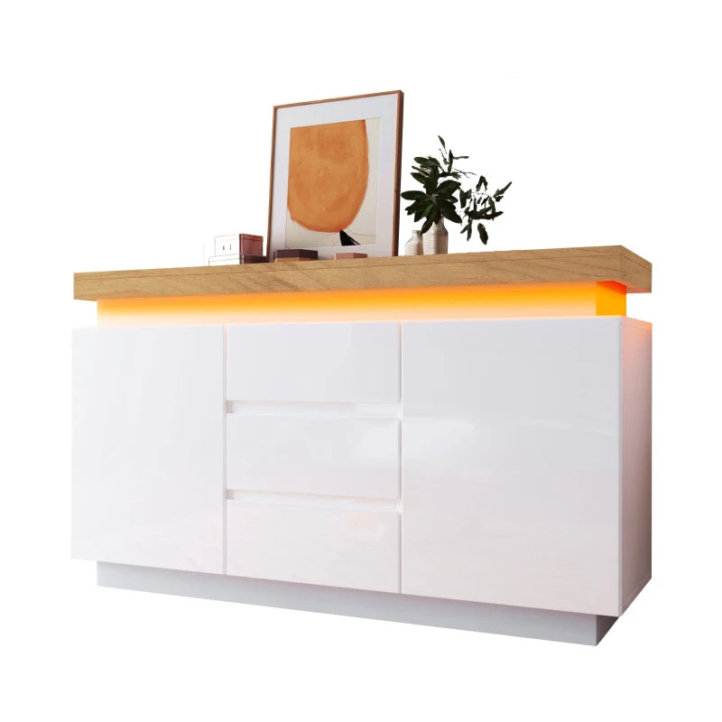 High-Gloss White Chest of Drawers with LED Lighting - 2 Doors & 3 Drawers Sideboard Cabinet, 140x39x81 cm