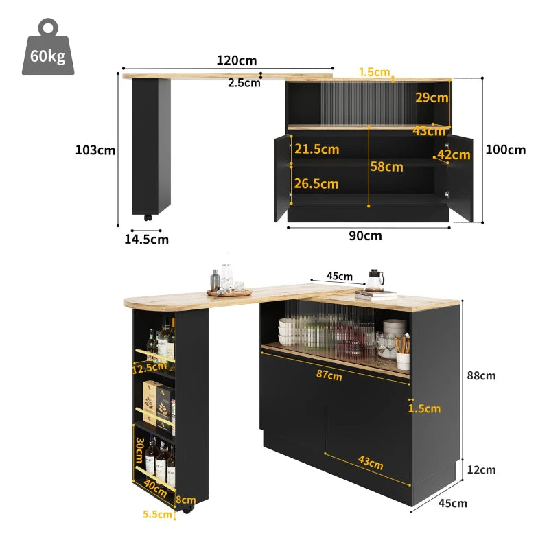 360° Swiveling Black Dining Bar Cabinet with Sliding Glass Doors & Open Shelves - Rotating Table, 90L x 120W x 100H cm