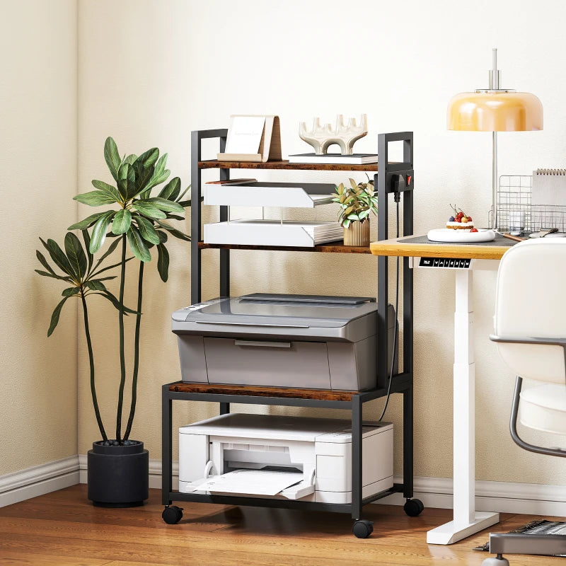 Rustic Brown 4-Tier Printer Stand with Power Outlets & Wheels - Mobile Office Storage Solution