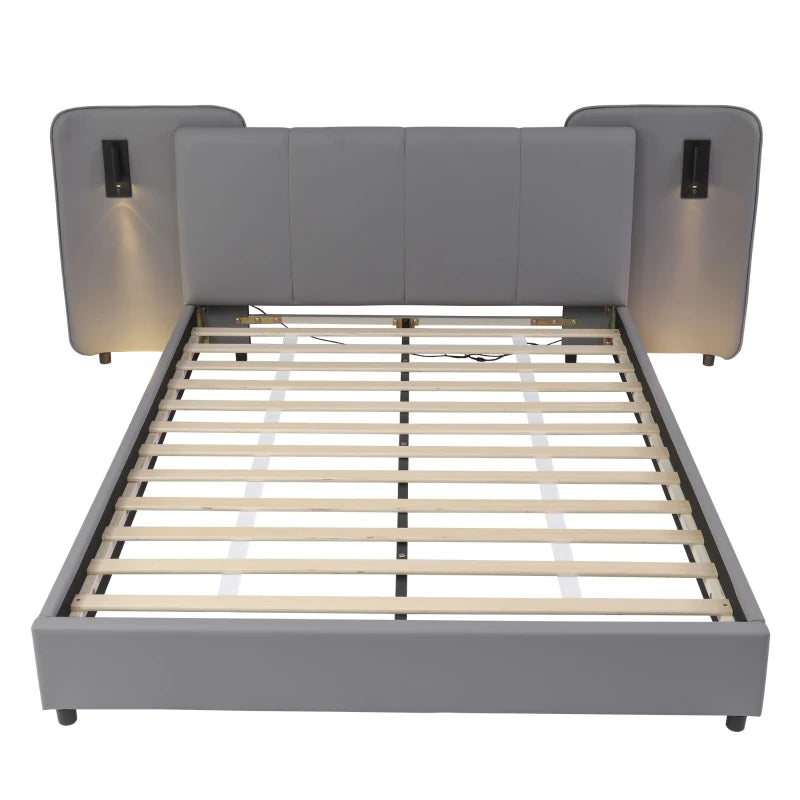 Upholstered Full-Size Double Bed with Charging Port & LED Lighting - Grey, Impact-Resistant Sponge Padding, 209L x 221W x 86.5H cm
