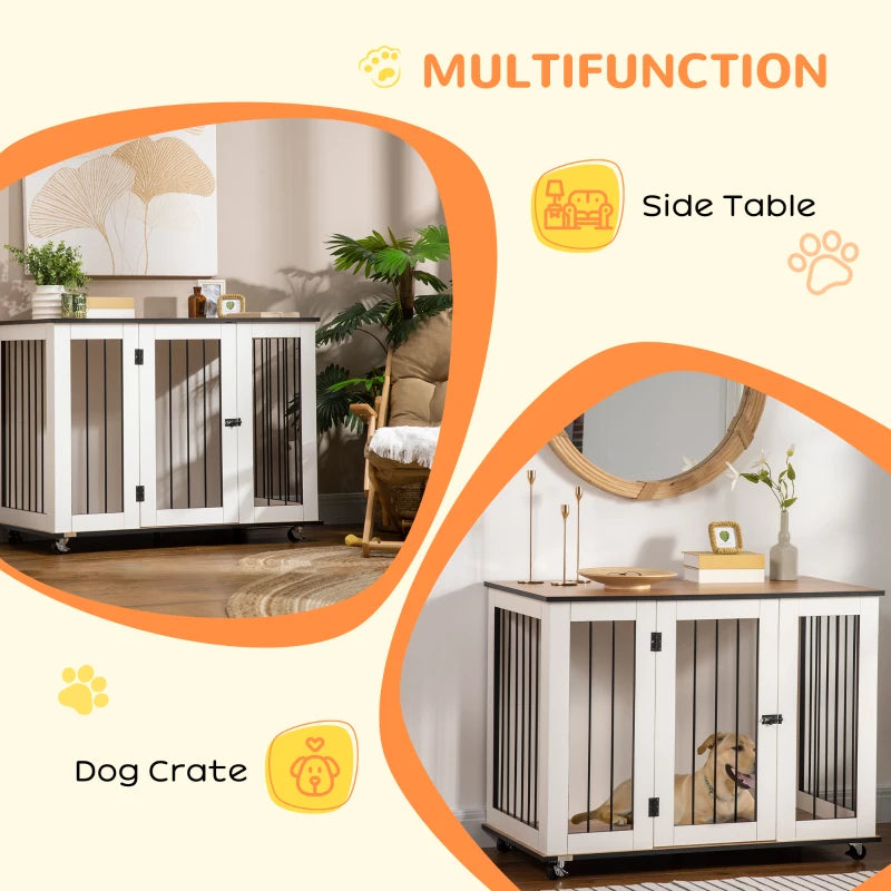 Stylish Dog Crate Furniture with Wheels - Large Dog Cage End Table, 106 x 60 x 82 cm, White Finish