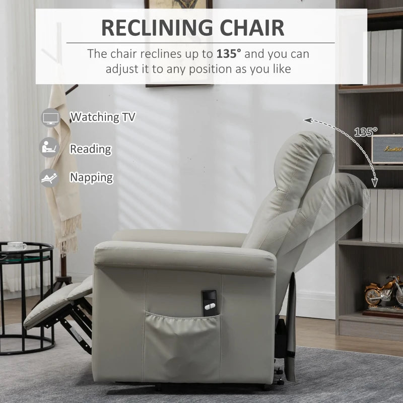 Power Lift Recliner Chair for Elderly - PU Leather Armchair with Extended Footrest, Remote Control, Side Pocket, Grey