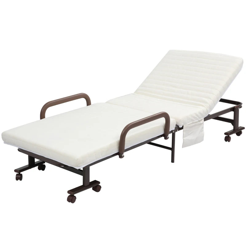 Portable Folding Bed with Mattress - Single Guest Bed, Adjustable Backrest, Metal Frame on Wheels, White, 190 x 76 cm