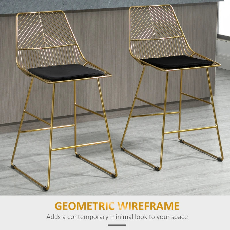 Set of 2 Modern Gold Bar Stools - Counter Height Breakfast Chairs with Wire Metal Frame for Kitchen & Dining Room