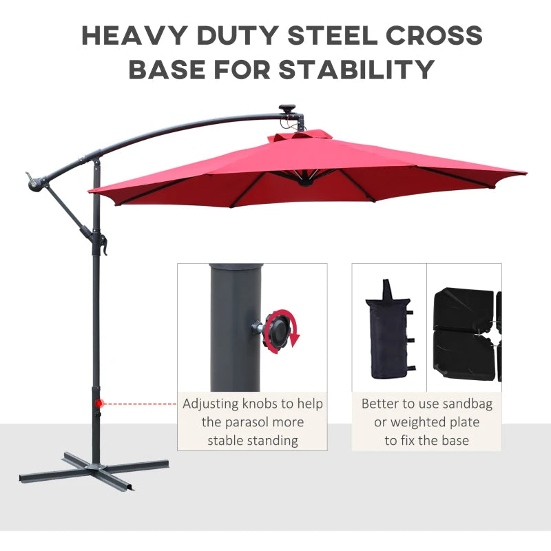 LED Solar Umbrella Parasol - Wine Red, 2.95x2.45m