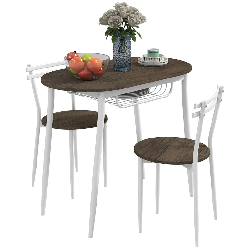 3-Piece Oval Dining Table Set with 2 Chairs & Wire Storage Shelf - Natural Steel Frame Kitchen Furniture