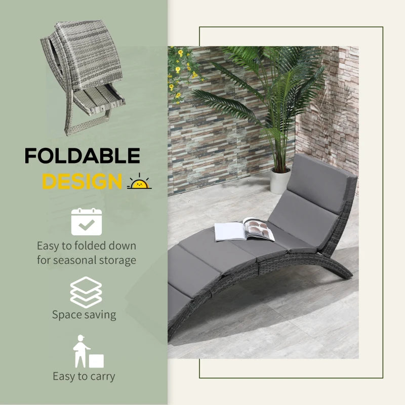 Grey Rattan Folding Sun Lounger with Cushion for Outdoor Relaxation