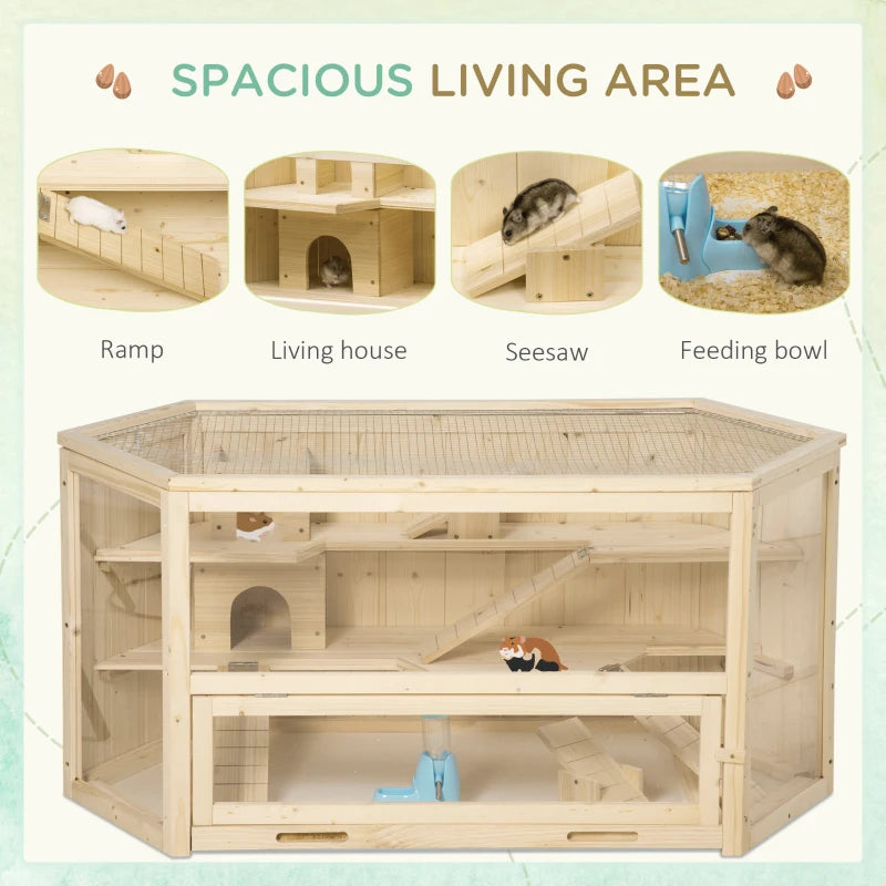 3 Tier Large Wooden Hamster Cage with Sliding Tray, Seesaws & Water Bottle - Natural Habitat for Small Pets