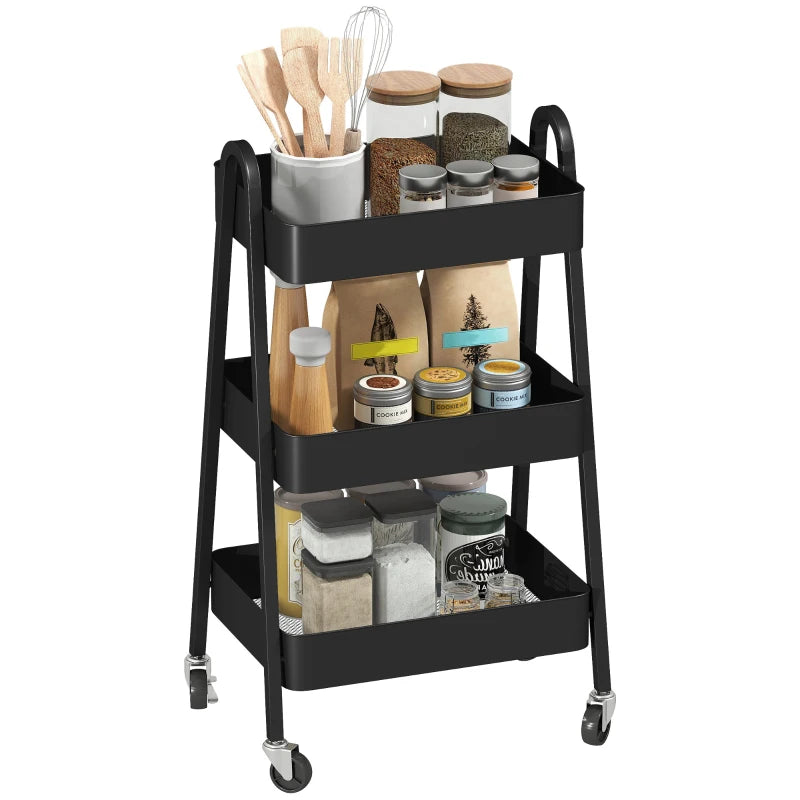 Versatile Three-Tier Black Storage Trolley - Stylish Organizer Cart for Home, Office, Kitchen & Bathroom