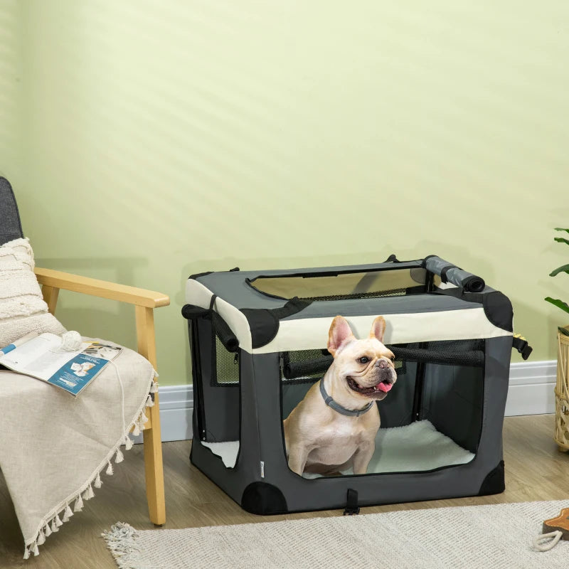 70cm Foldable Pet Carrier with Cushion for Small Dogs & Cats - Grey Portable Travel Bag
