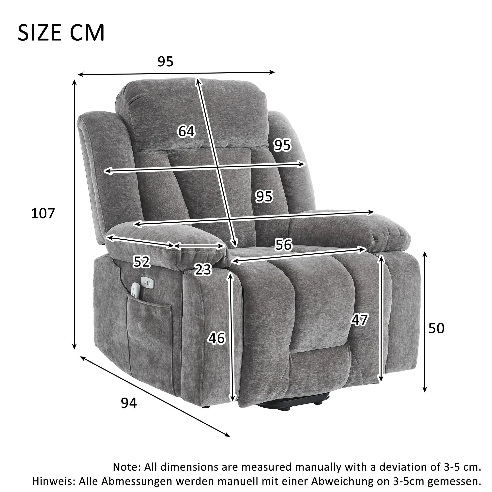 RelaxMax ProLift Electric Recliner – Heated Massage Chair with USB Ports, Storage Pocket & Easy Assembly, 95×94×107 cm, Grey