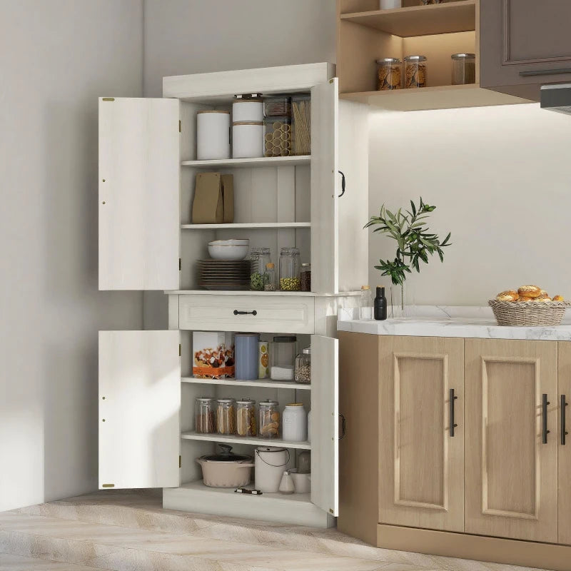 Stylish 180cm White Wood Grain Kitchen Cupboard - 4 Door Freestanding Storage Cabinet with Wide Drawer & Shelves for Living Room