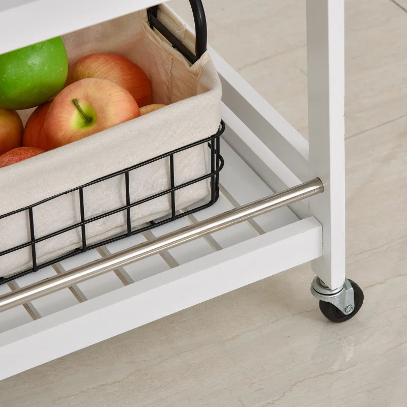 3-Tier Rolling Kitchen Storage Cart with Steel Bars & 4 Wheels - White Home Organizer for Living Room & Kitchen