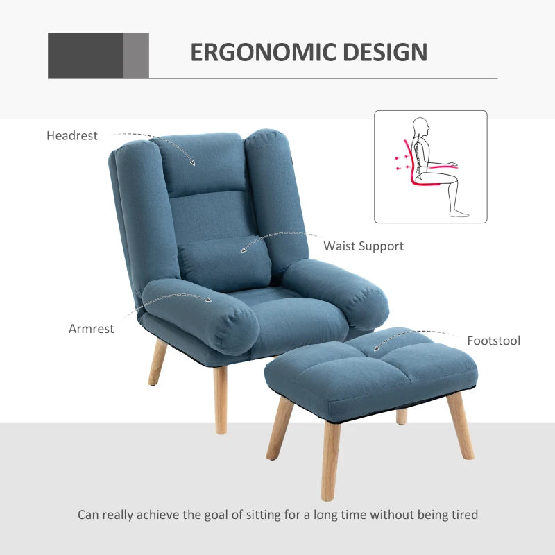 Blue Accent Armchair with Footstool, 180° Recliner and Adjustable Backrest, Stylish Wooden Legs for Living Room