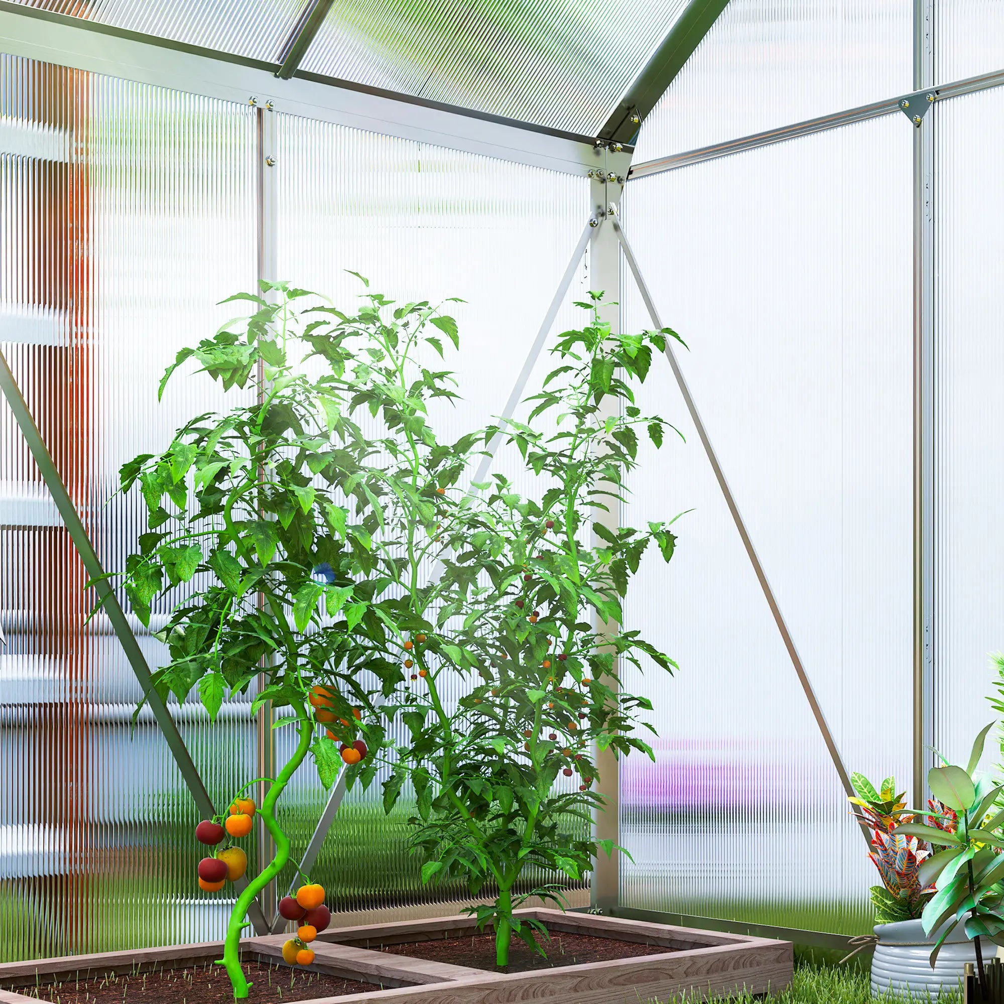 192.5cm x 131cm Walk-In Polycarbonate Greenhouse - Silver-Tone With Window hatch