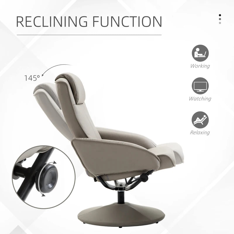 Swivel PU Leather Recliner Chair with Footstool and Adjustable Backrest for Living Room and Bedroom in Grey