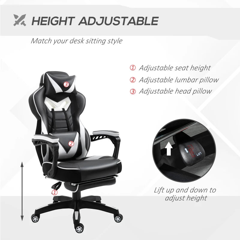 Vinsetto White Gaming Chair with Lumbar Support & Footrest - PU Leather Racing Desk Chair with Headrest & Swivel Wheels