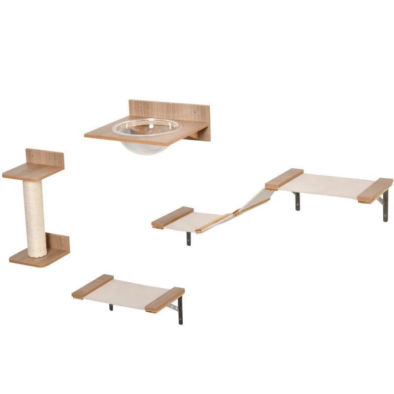 4PC Wall-Mounted Cat Climbing Shelf Set - Cat Tree Activity Center with Hammock & Scratching Post - Brown
