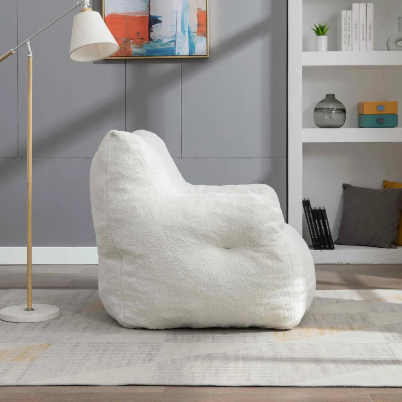 Soft Tufted Foam Bean Bag Snuggle Chair in White Teddy Fabric with Ergonomic Backrest, 100x94x70 cm