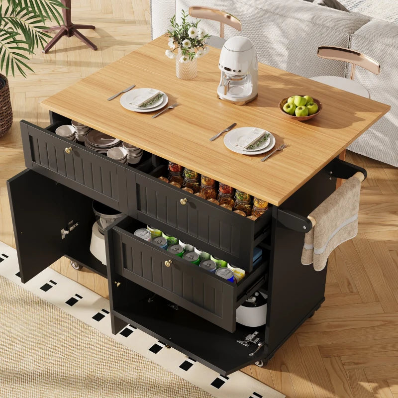 Rolling Mobile Kitchen Island Cart with Storage Drawer & Towel Rack, Drop Leaf Breakfast Bar, 121x70x88 cm, Black