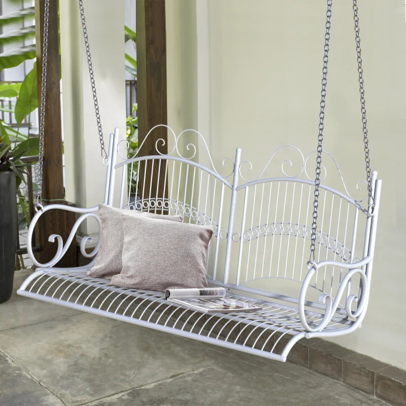 White Metal 2-Seater Hanging Swing Chair Garden Bench - 118x58x57 cm