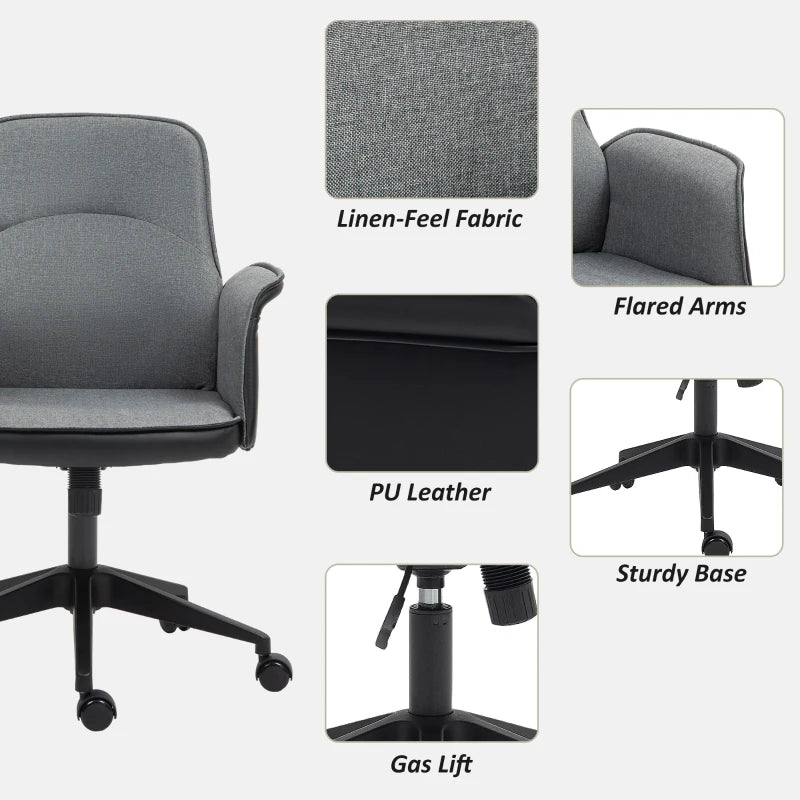 Stylish Grey Linen and Faux Leather Office Chair - Ergonomic Design for Home and Office Use