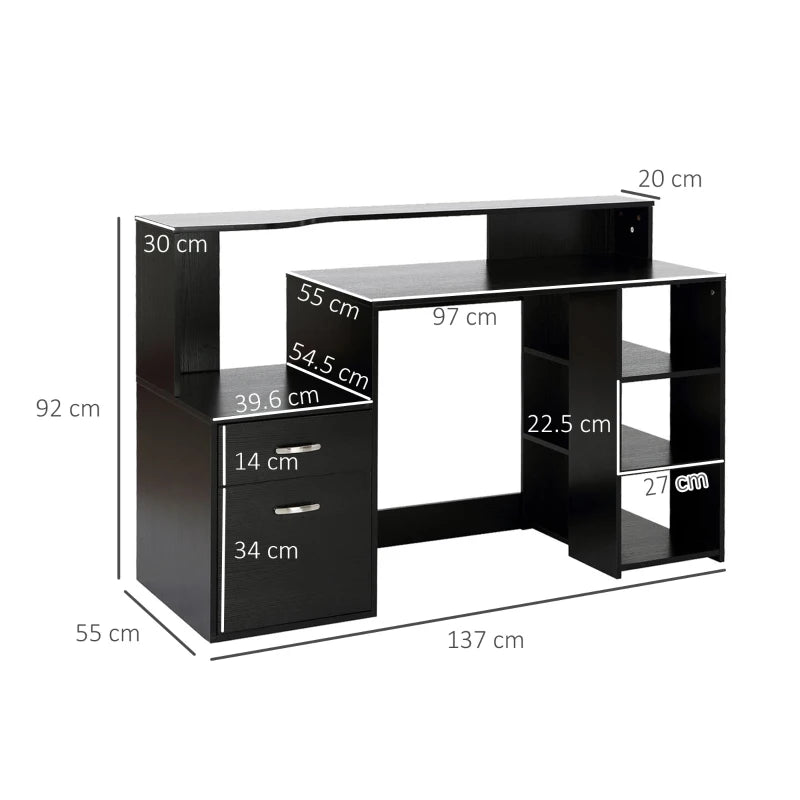 Large Black Computer Desk with Drawers & Storage Shelves - Office Writing Table & Printer Stand for Home Office, 137x55x92cm